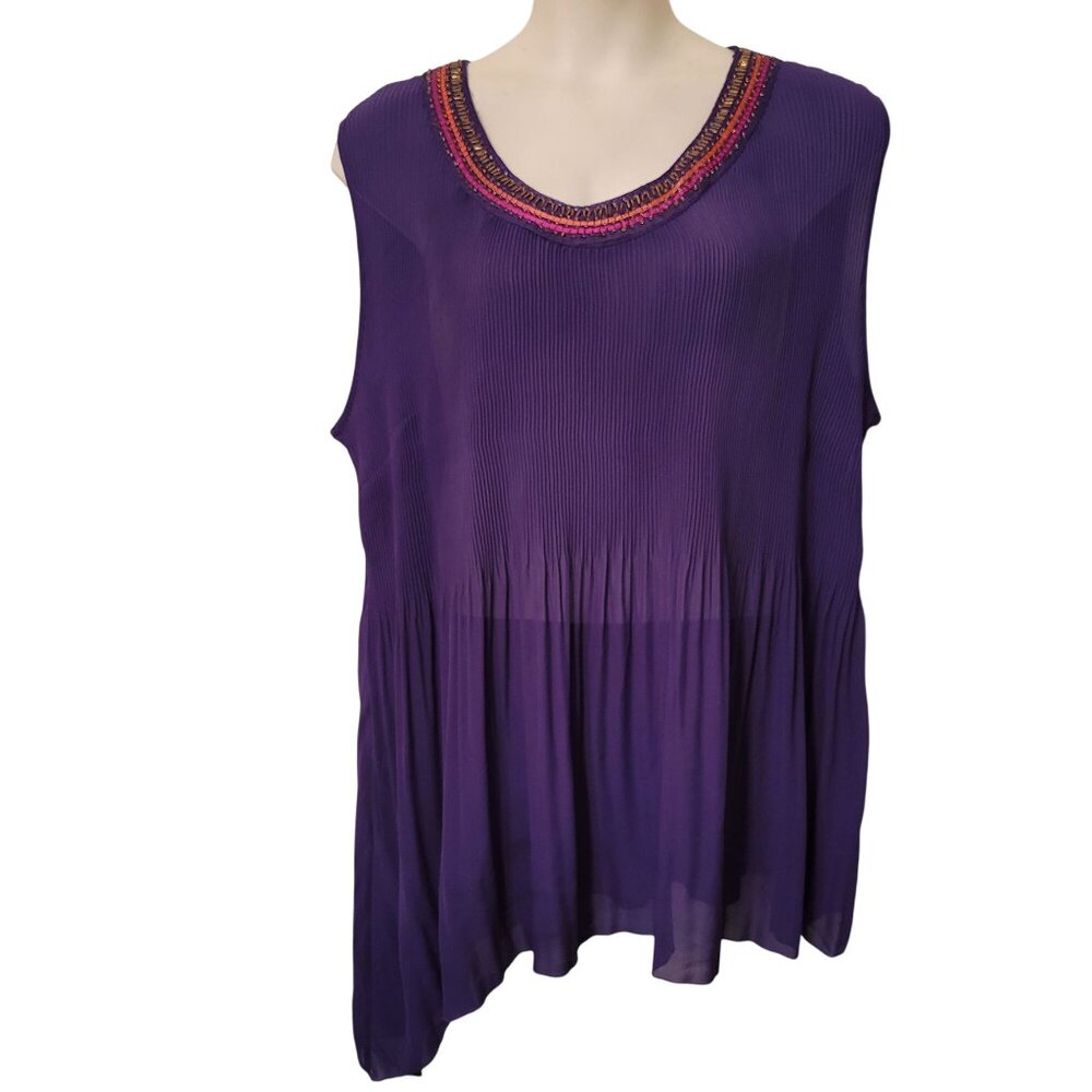 Catherines Purple Sleeveless Pleated Asymmetrical Tunic‎ Top Beaded Neckline 4X